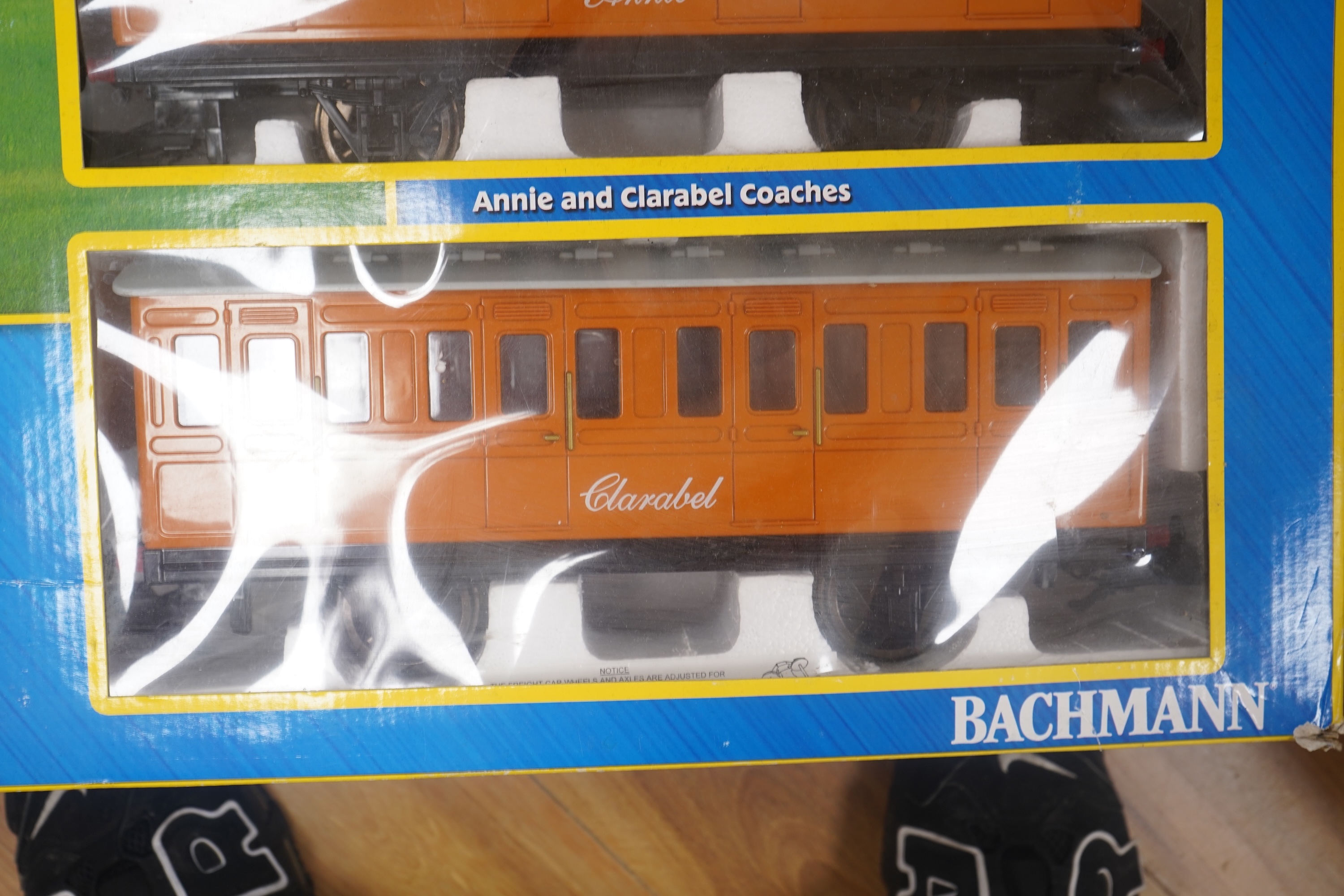 A boxed Bachmann G scale (45mm gauge) Thomas the Tank Engine train set (90068), comprising Thomas with the coaches Annie and Clarabel, track sections and controller. Condition - good, minor damage to the box.